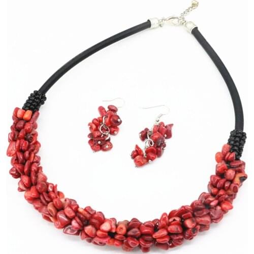 Bohemia Style Choker Jewelry Set Natural Coral Stone Beads 9-11mm Collar Necklaces Earrings For Women Statement Gifts 18inch A69