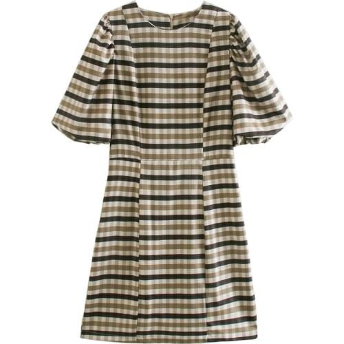 Women Summer Plaid Short Dress A-Line with Puff Sleeve Casual Fashion Elegent Style