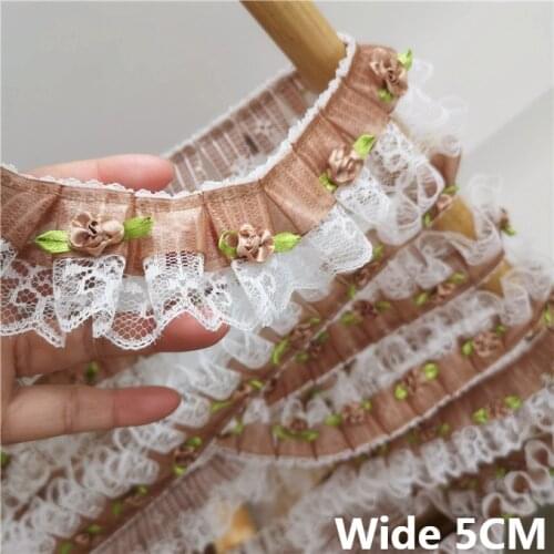 5CM Wide Tulle Coffee 3D Flowers Pleated Chiffon Lace Fabric Ruffle Trim Embroidered Fringe Ribbon Women Dress DIY Sewing Decor
