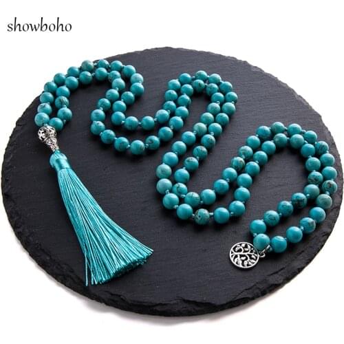 8mm Natural Blue Turquoise Beaded Knotted Mala Necklace Meditation Yoga Blessing 108 Japamala Charm Jewelry for Men and Women
