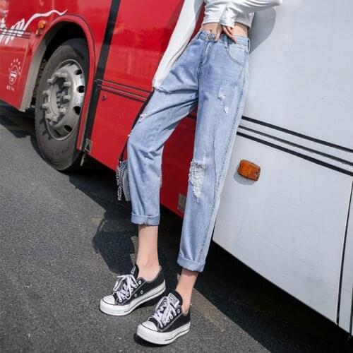 811 real photo 2021 spring womens loose hole straight leg Harem Pants BF beggar long nine point jeans pants