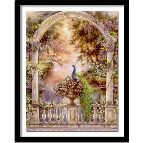Diamond Painting Nature Villa Flowers Peacock DIY 3D Diamond Embroidery River Trees Scenery Flowers Picture Drawings
