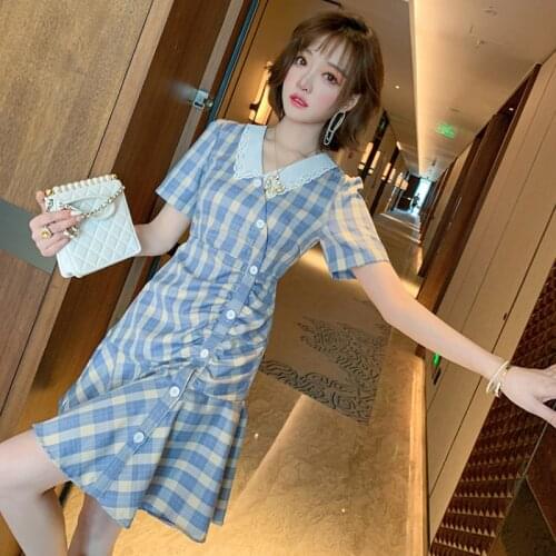 Awarose Plaid Print Doll Collar Folds Mini Dress Patchwork Lace Summer Short Sleeve Fashion Women Party Elegant Mermaid Dress