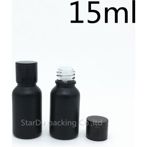 Free Shipping 500pcs 15ML Black Frosted Glass Bottle 15ml Vials Essential Oil Bottle black Aluminum screw cover Perfume bottle