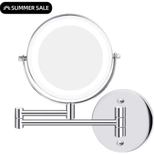 LED Double-Sided Magnifying Makeup Mirror, 6.7" Diameter 1X/5X Adjustable Wall Mounted 360 Rotating Extendable Swivel Mirror