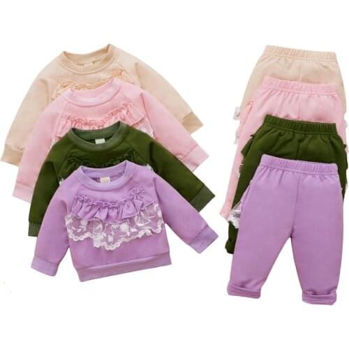 Breathable Little Girls Leisure Wear, Toddlers Sweet Style Lace Trim Splicing Round Collar Long Sleeve Tops + Long Pants
