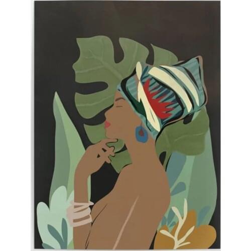 HD Prints African Woman Canvas Painting Modular Tropical Plants Pictures Modern Home Decor Living Room Wall Art Palm Leaf Poster