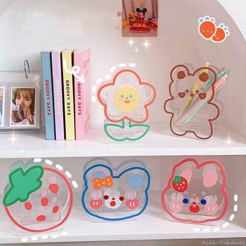 Ins Kawaii Acrylic Pen Holder Desktop Organizer Creative Cute Bear Bunny Office Stationery Cosmetics Storage Box Coaster Clips