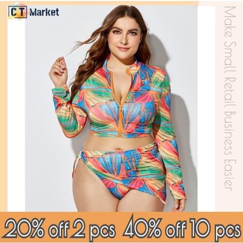 3 Pieces Colorful Swimsuit Women Set Plus Size Zipper Swimwear Long Sleeve Swimming Bodysuit with Scarf 2021 Holiday CTYY124