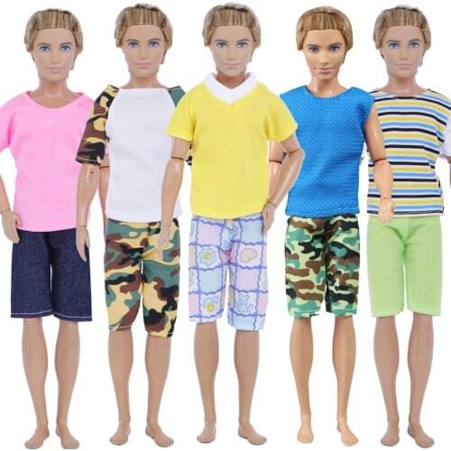 5 Sets Outfits T-Shirt + Shorts Cool Summer Sports Daily Wear Accessories Camouflage Clothes for Barbie Ken Doll