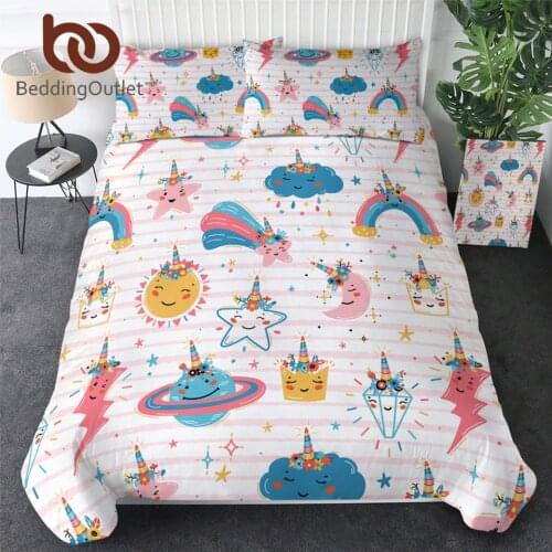 BeddingOutlet Unicorn Bedding Set Cartoon Comforter Cover Star Rainbow Bed Set Kawaii Smiley Bedspreads Cloud Home Decor 3pcs