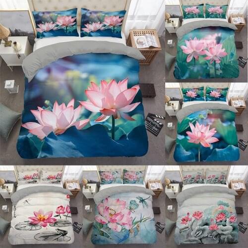 Lotus Pattern Printed Bedding Set Duvet Cover Single Double Full Twin Queen King Size Comforter Cover Bedroom Decor