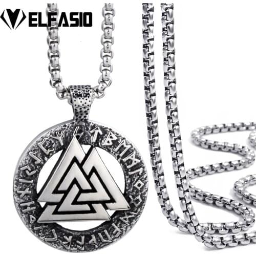 Elfasio Mens Stainless Steel Chain Viking Valknut Odins Norse Warrior Pendant with 45-90cm Box Necklace Jewelry