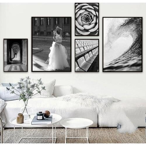 Black White Hallway Succulent Wave Girl Wall Art Canvas Painting Nordic Posters And Prints Wall Pictures For Living Room Decor