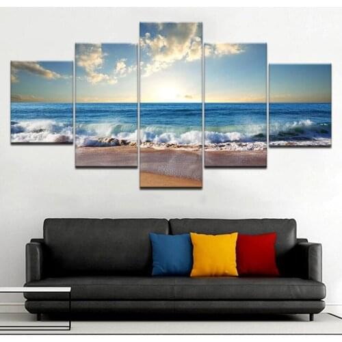 Wall Art Canvas Paintings Living Room Home Decor Framework 5 Pieces Sunshine Beach Sea Waves Seascape Pictures Blue Sky Posters