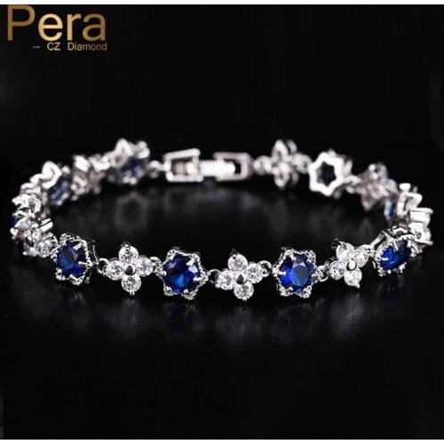 Pera Luxury White Gold Color Cluster Flower Shape Royal Blue and White CZ Zircon Stone Bracelets Party Jewelry for Women B018