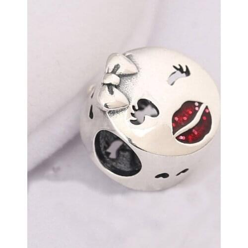 Authentic S925 Silver Bead Charm fit Lady Bangle Bracelet Playful Wink Charm Pink Enamel Bow Girl Gift DIY Jewelry