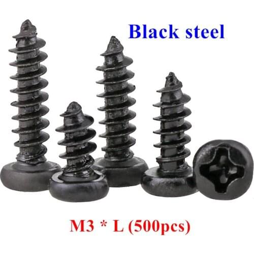 500pcs M3*4/6/8/10/12/16/20/25mm PA Phillips Pan Head Self Tapping Screws Black Carbon steel Laptop wood screws
