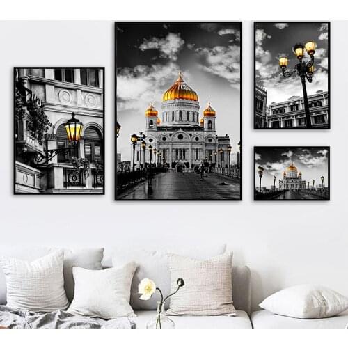 Modern Black and White European Building Poster Wall Art Minimalist Yellow Street Light Canvas Painting Nordic Living Room Decor
