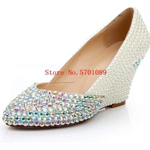European American Wedge Heels Shoes New Fashion Rhinestones Pearls Crystal Studs Bride Wedding Pumps 65mm Wedge Shoes