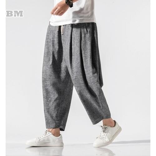 2021 Spring Summer Chinese Style Cropped Trousers Harem Pants Male Thailand Loose Plus Size Linen Casual Bloomers Men Clothing