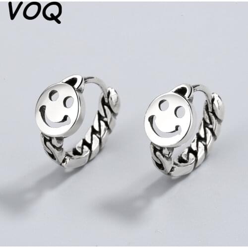 VOQ 925 Sterling Silver Vintage Thai Silver Round Chain Smile Face Small Hoop Earrings for Women Punk Rock Jewelry