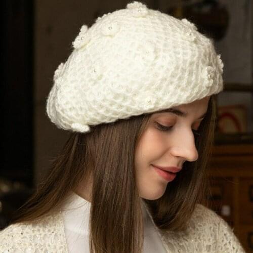 X025 Adult Knitting Hats Handmade Flower Beret Female British Retro Hat Unisex Painter Cap Korean Style Fashion Pumpkin Hats