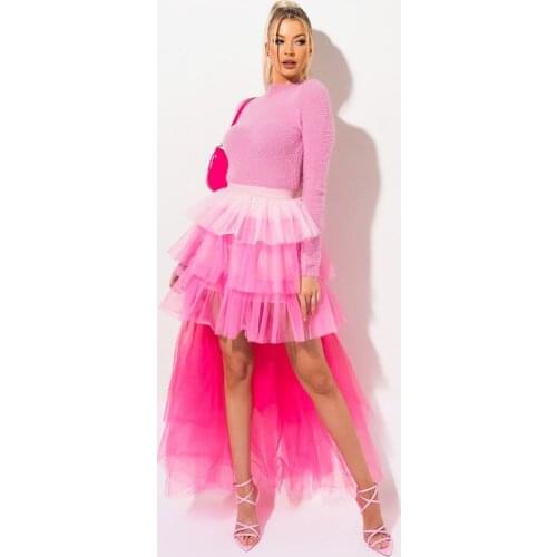 Summer Fuchsia High Low Mix Color Tutu Skirt Women Long Ruffles Tiered Tulle Skirt Elastic Custom Made Female Skirt 2020