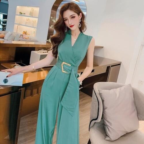 2020 Summer Women Deep V-neck Sexy Jumpsuits Solid Color Straight Full Length Pants Ladies Party Overall Outfit