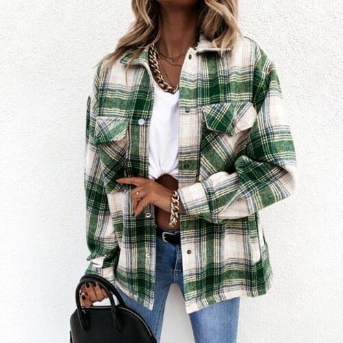 Women Shirts Autumn Winter Oversided Casual Plaid Long Sleeve Pocket Button Up Collared Jacket Tops Blouses Fashion Plaid Shirt