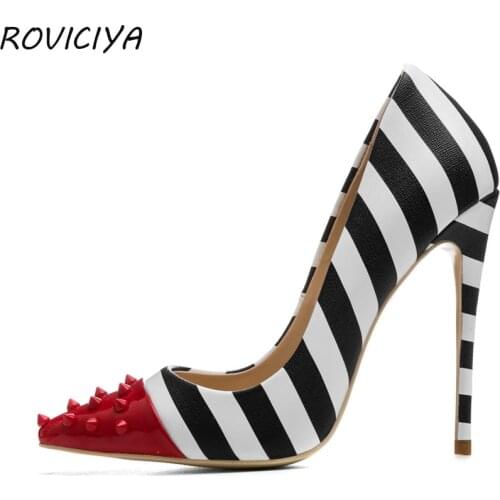 Women High Heels Pointed Toe Party Wedding Stiletto Shoes Black White Stripes with Rivet 12cm Thin Heels 34-45 MD004 ROVICIYA