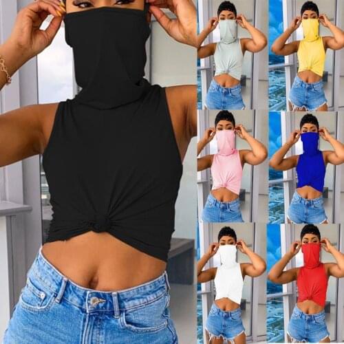 Harajuku Fahsoin Womens Casual Solid Color Sleeveless Vest with Headscarf Tees Party Club UV Protection Beach Short T-shirt