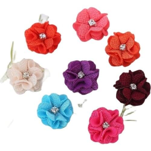 10Pcs/lot Multi Colors Handmade Small Fabric Satin Flowers with Rhinestone Appliques Sewing Wedding Garment Accessories Flowers
