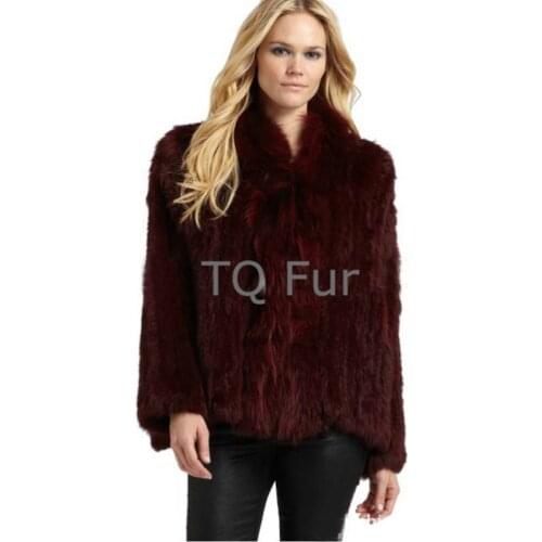 100% Real Fur Knitted Rabbit Fur Coat With Real Raccoon Fur Collar Basica Jacket Garment Outerwear & Coats