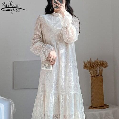 2021 Autumn Mid-length Mid-calf Long Dress Sweet Temperament Lace Dress Solid A-Line Flare Sleeve Stand-up Collar Dress 12044