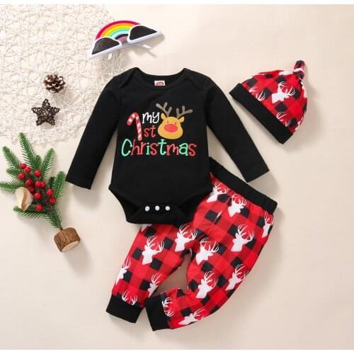 1st Christmas Winter Newborn Baby Girls 3PCS Outfits Lounge Set Long Sleeve Romper Pants Clothes Set Children 3 6 9 12 18 Month
