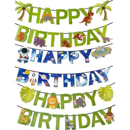 Happy Birthday Banner Unicorn Outer Space Car Jungle Animal Paper Bunting Garland Banners Flags For Baby Shower Kids Party Decor