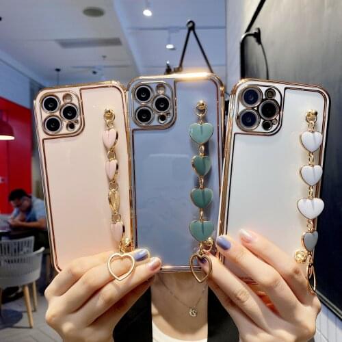 Electroplated Heart Wrist Chain Case for iPhone 12 Pro Max Back Phone Cover for 12 Mini 11 Pro Max X XS XR 8 7 Plus SE 2020 Capa