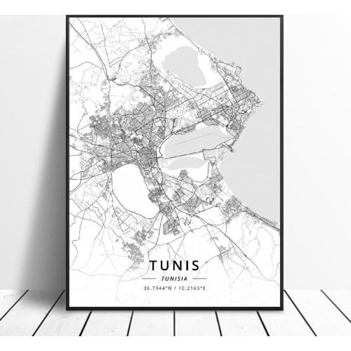 Black and White Tunis Tunisia Latitude Longitude Canvas Art Map Poster