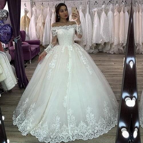 H267 Princess Ball Gown Wedding Dress Boat Neck Lace Appliques Elegant Wedding Gowns Custom Made Long Sleeves Robe De Mariee