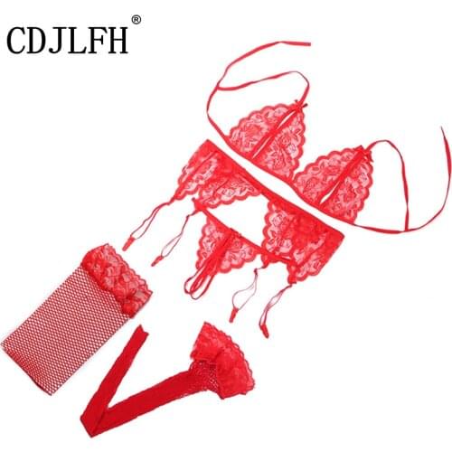 Women Lace Lingerie Set Sexy Bra G-String Net Sock Sling Transparent Lingerie Femme Sexy Push Up Bra Set Plus Size Underwear Set