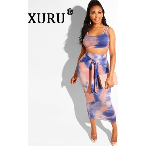 XURU summer new womens tie-dyed printed dress two-piece tight-fitting hips navel sexy dress in the long skirt suit