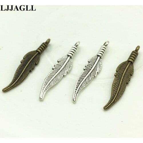 LJJAGLL 100pcs Metal Antique Bronze Silver 6*31mm Plant Leaves Charms Wing Feather Pendant Jewelry Earrings Diy Making AZW004