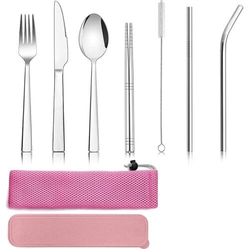 9 Piece Travel Cutlery Sets,Stainless Steel Camping Cutlery Set for 1,Including Silver fork Knife Spoon,Chopsticks