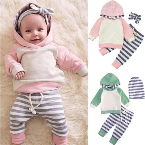 Newborn Baby Girls Boys Clothes Hooded Patchwork Sweatshirt Tops+ Striped Leggings Drawstring Elastic Waist Pants Outfits Set
