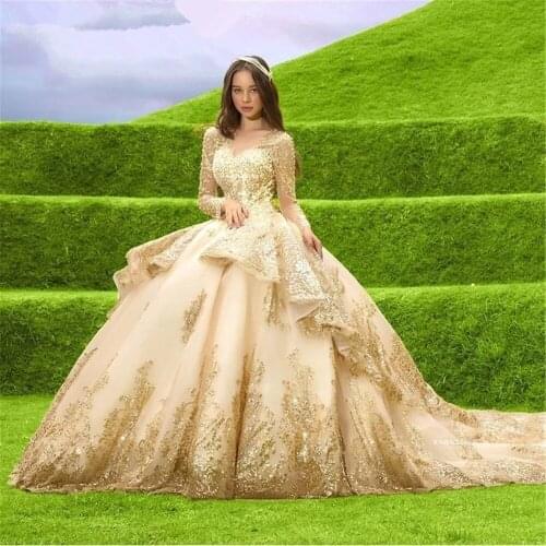 Princess Gold Quinceanera Dress Long Sleeves Applique Beading Sweet 16 Dress Pageant Gowns vestidos de 15 años 2021