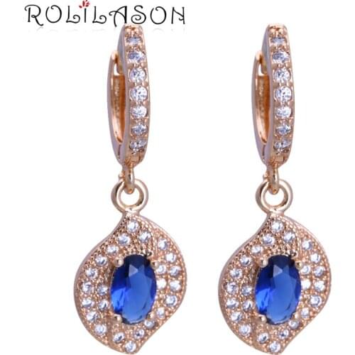 ROLILASON Wedding Delicate Crystal Earrings yellow gold color blue zircon fashion Jewelry Zirconia Drop Earrings JES1146