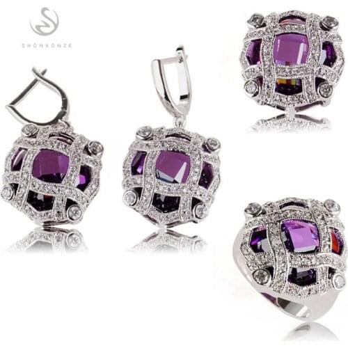 SHUNXUNZE luxury big boho wedding charms jewelry sets & more for women Purple Pink Cubic Zirconia Rhodium Plated R513set R516set