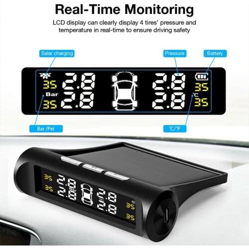 Smart Car TPMS Tire Pressure Monitoring System Solar Power Digital TMPS LCD Display USB Auto Security Alarm Tire Pressure Sensor