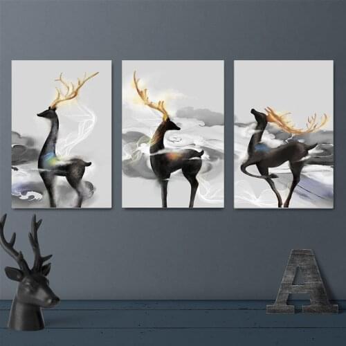 Nordic Black Sika Deer Gold Buckhorn Poster Canvas Print Painting Wall Art Living Room Home Decoration